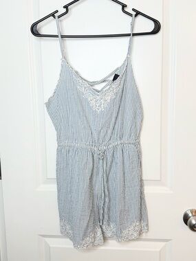 Angie Blue White Striped Romper Lace Trim Boho Beach Tie Waist Size S